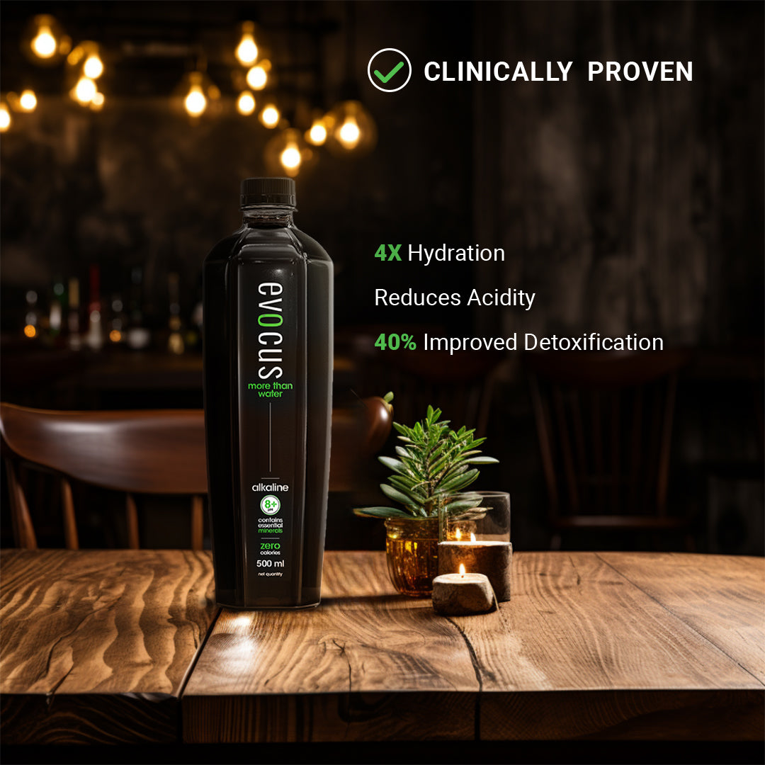 Evocus water bottle with benefits: 4X hydration, reduces acidity, detox.