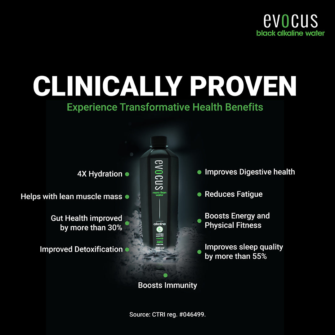 Evocus black water bottle with benefits: 4X hydration, reduces acidity, detox.