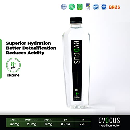 Evocus Still Alkaline water bottle with certifications like FDA and ISO.