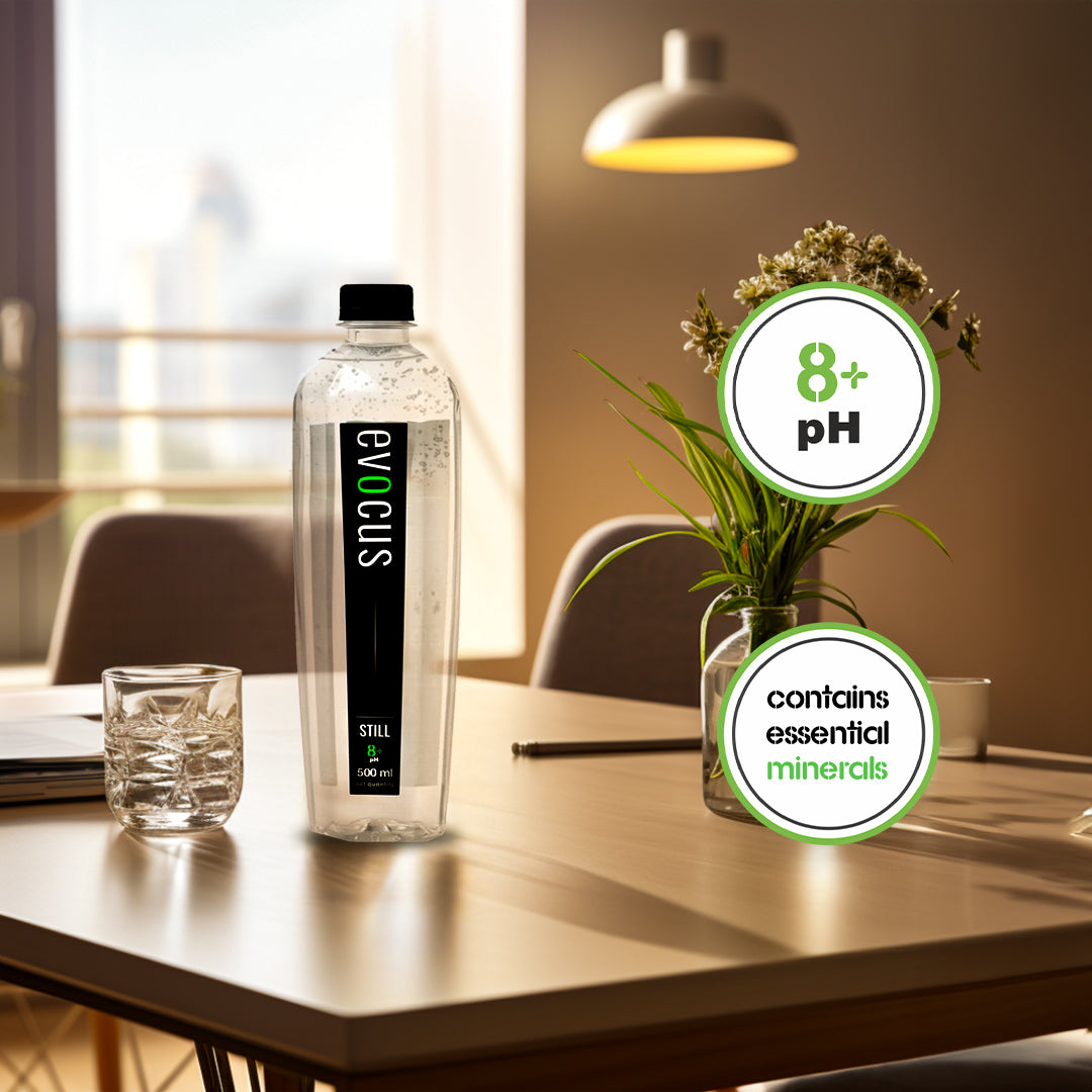 A clear bottle of Evocus Still Alkaline Water sits on a table with text emphasizing its 8+ pH and essential mineral content.