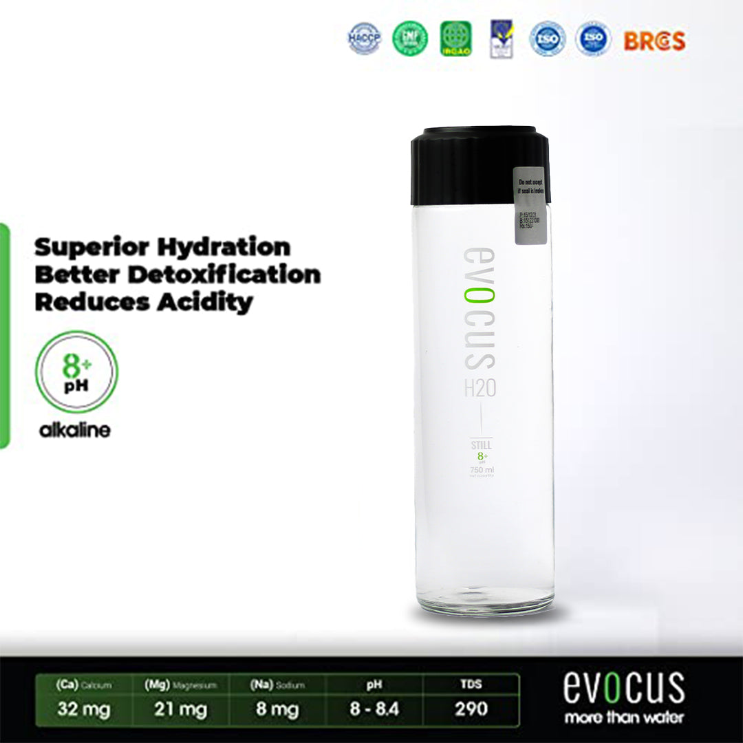 A 750ml glass bottle of Evocus Alkaline Water with a black cap, emphasizing its 8+ pH and benefits for health and well-being.