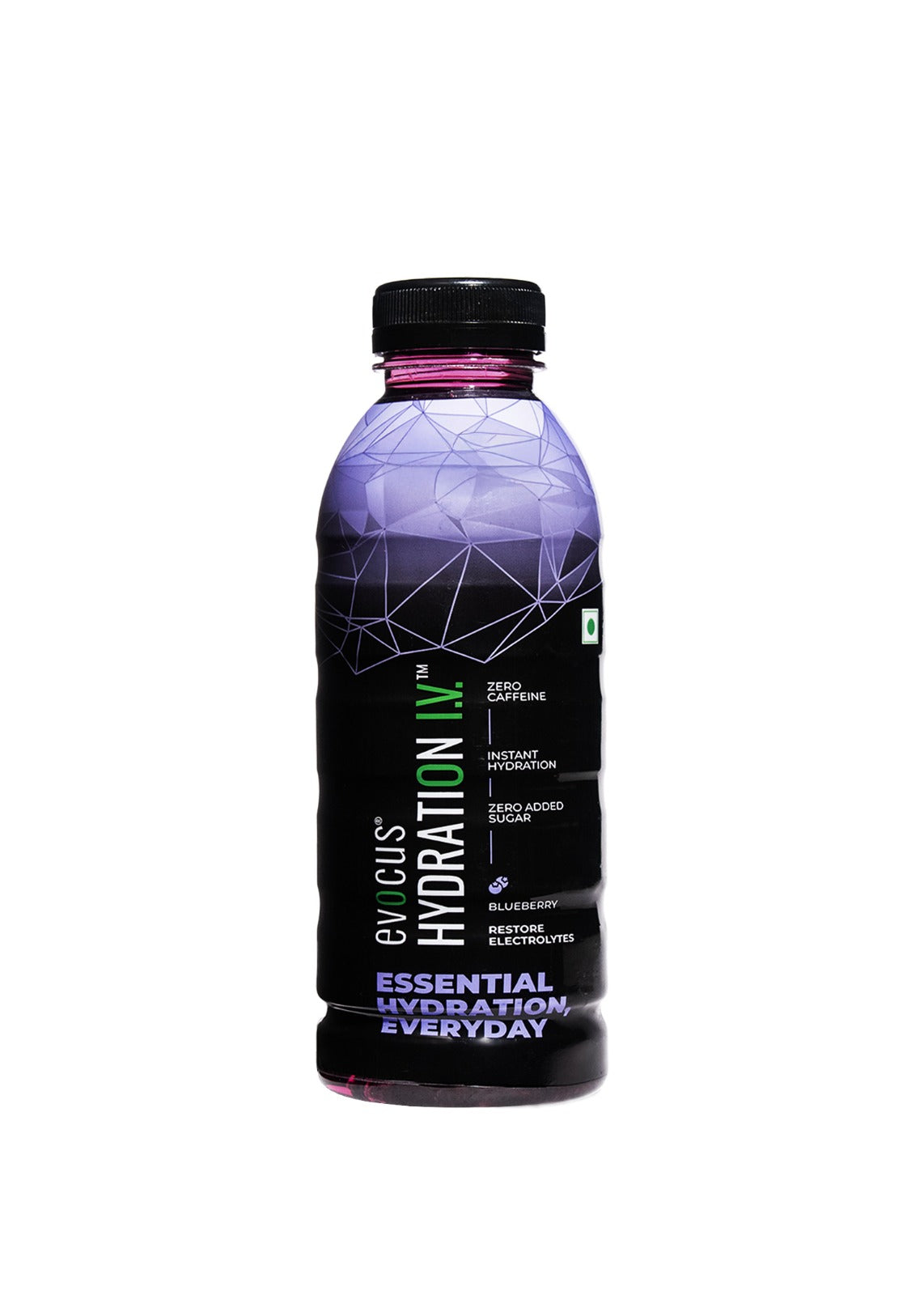 Evocus Hydration IV bottle with purple top, black body, zero caffeine, and essential electrolytes.