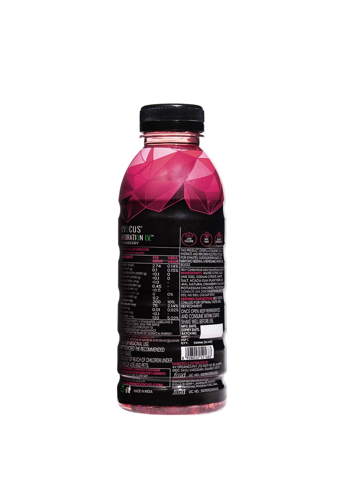 Evocus Hydration IV bottle with pink top, black body, zero caffeine, and essential electrolytes