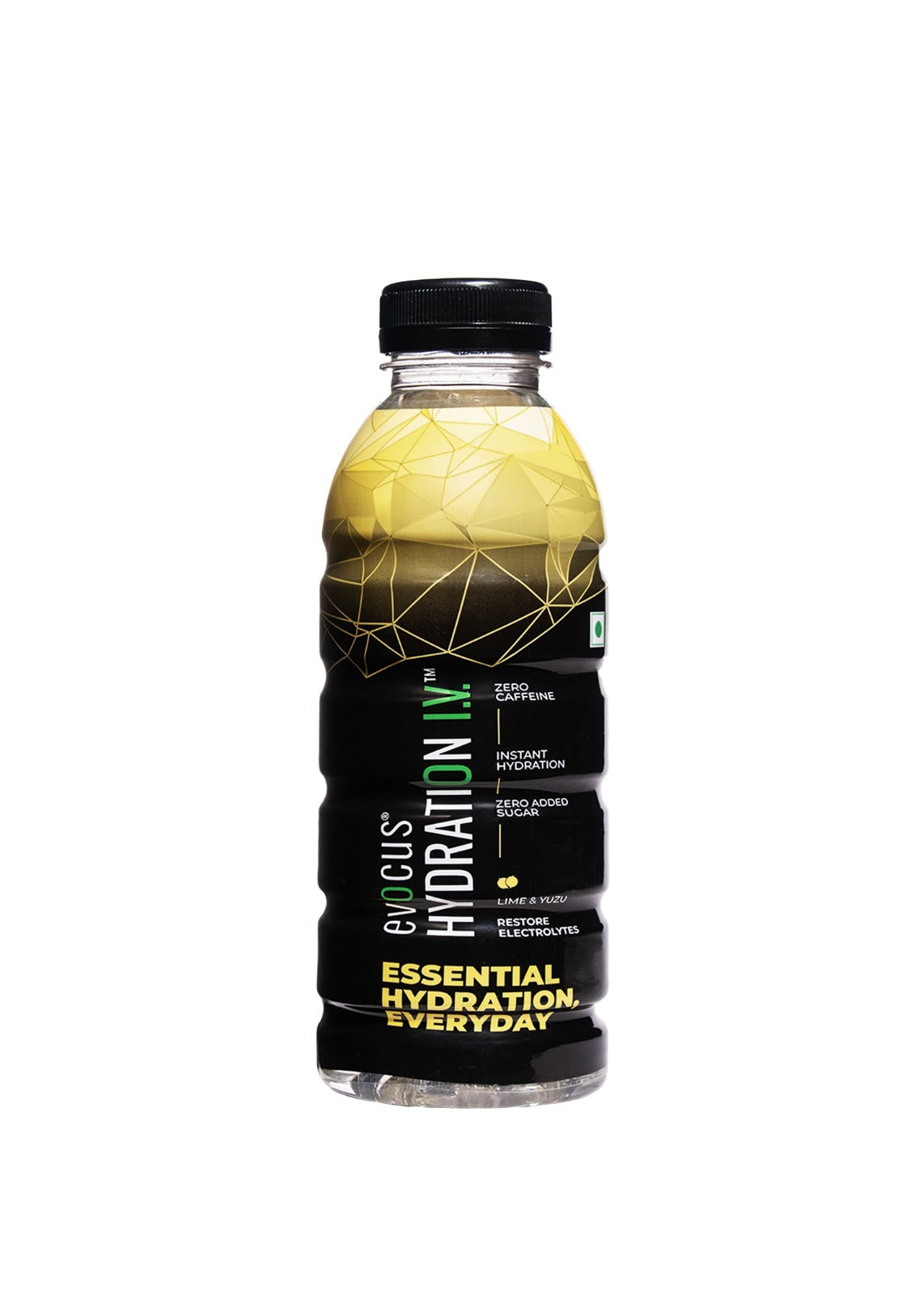 Evocus Hydration IV bottle with yellow top, black body, zero caffeine, and essential electrolytes.