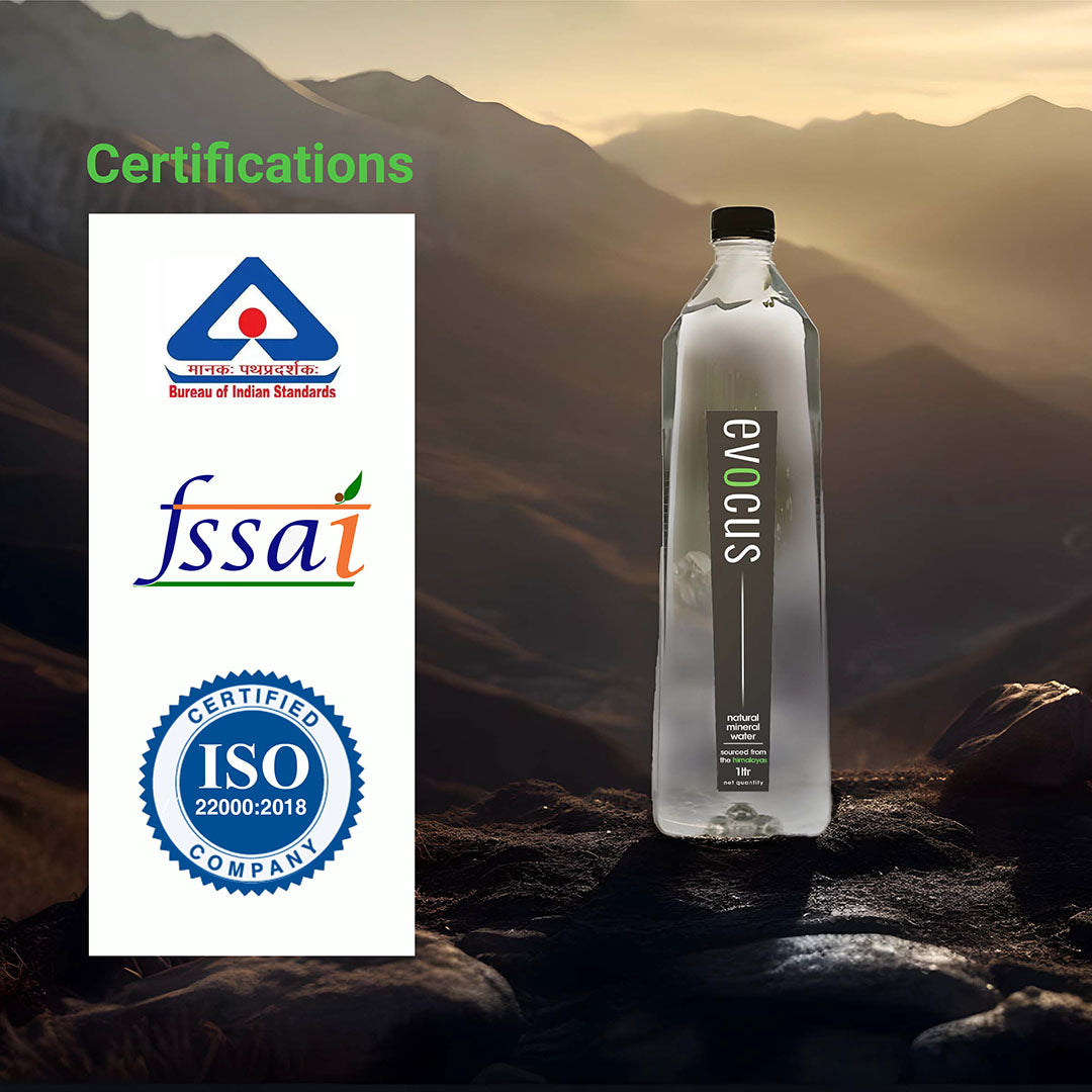 A clear bottle of Evocus Natural Mineral Water sits against a mountain background. Text highlights certifications from FSSAI, BIS, and ISO