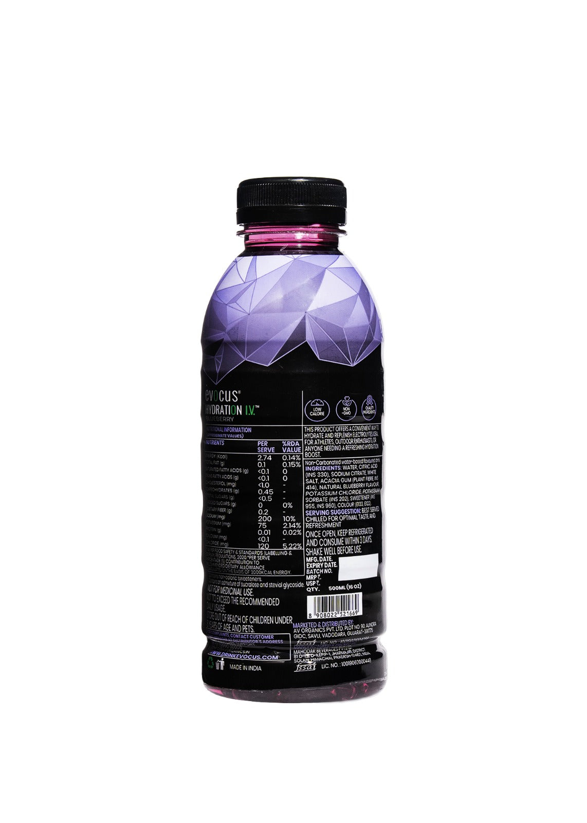 Evocus Hydration IV bottle with purple top, black body, zero caffeine, and essential electrolytes.