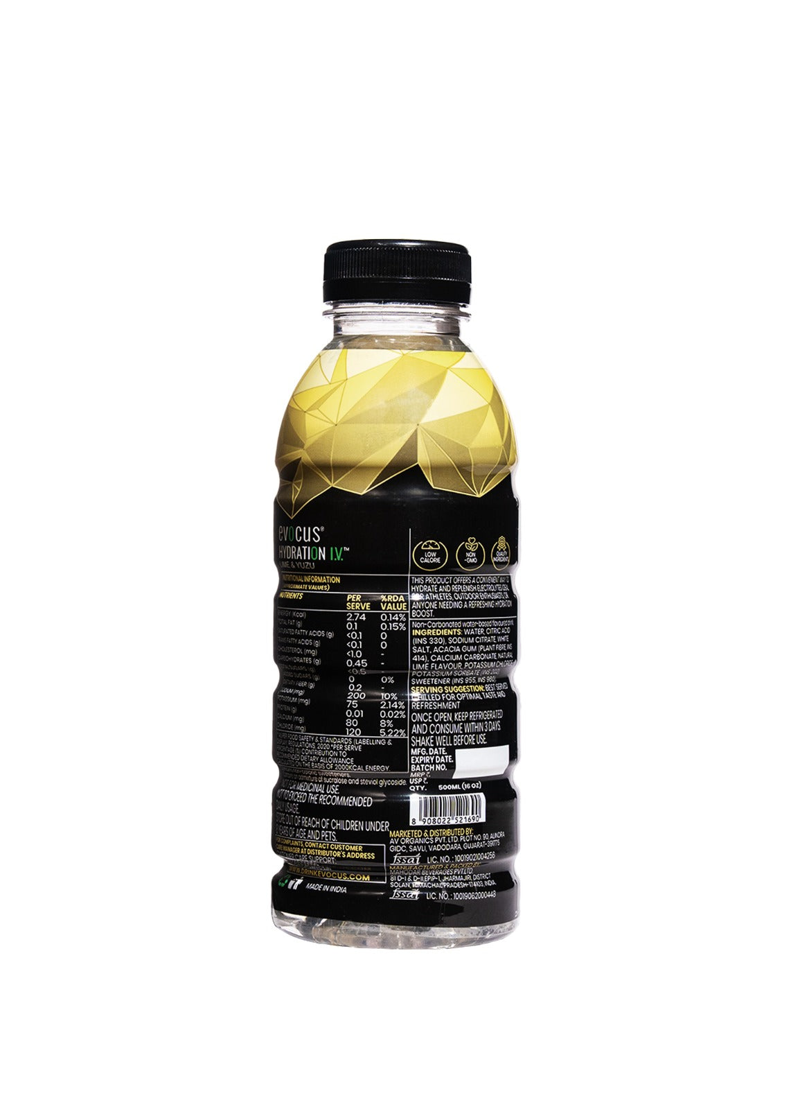 Evocus Hydration IV™ bottle with yellow top, black body, zero caffeine, and essential electrolytes.