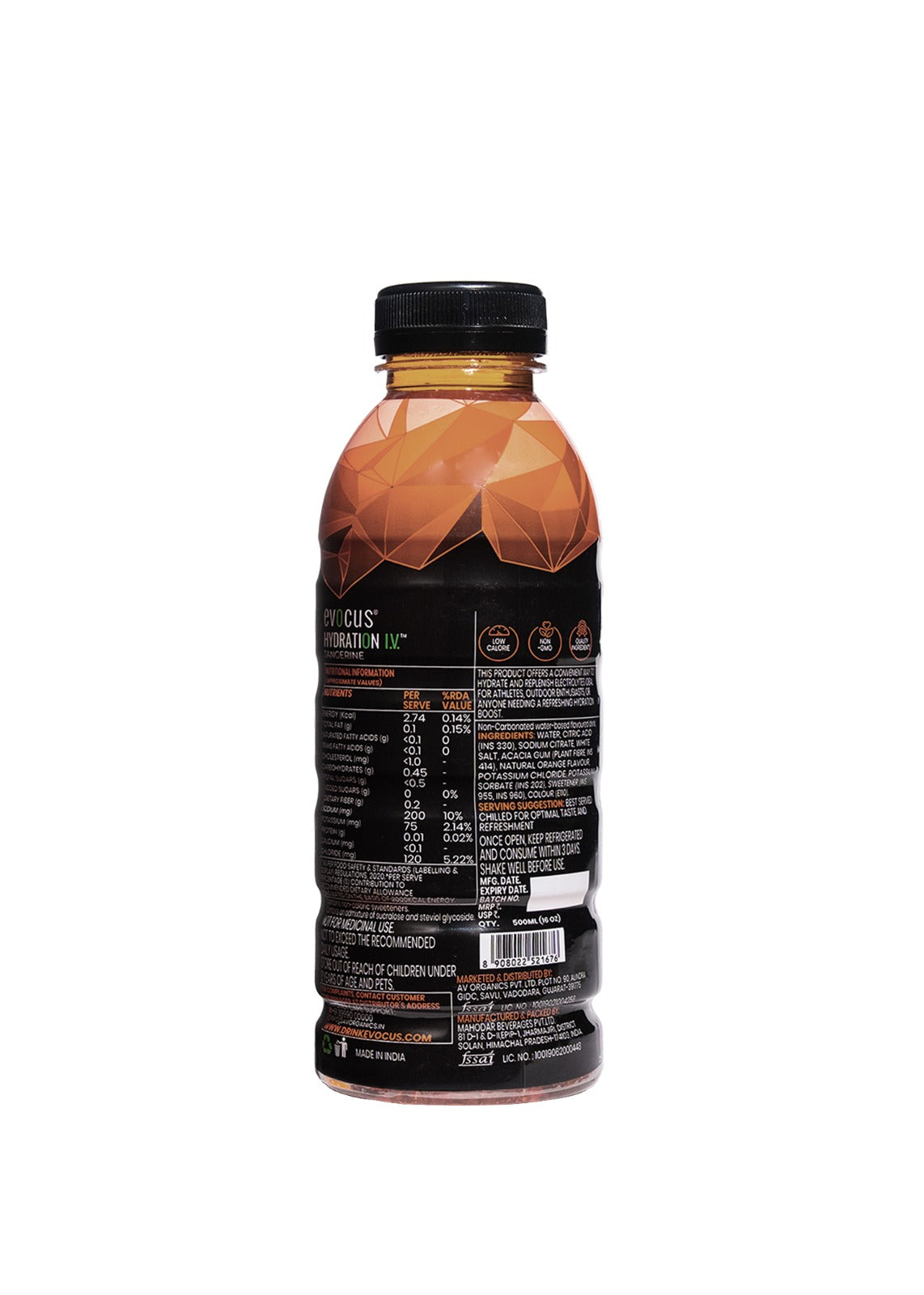 Evocus Hydration IV bottle with orange top, black body, zero caffeine, and essential electrolytes