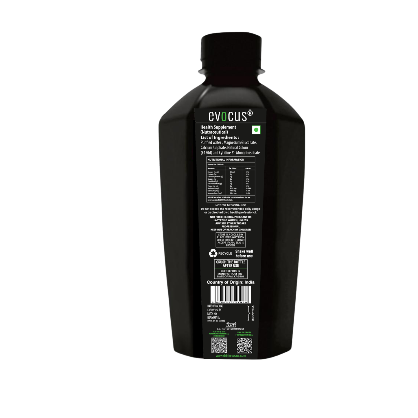 EVOCUS Black Health Drink with Magnesium Gluconate - 250ml Pack of 24