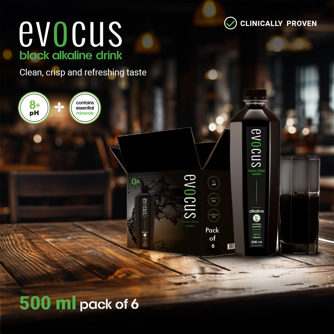 Black drinking water (Evocus water price) at ₹100 a bottle from AV Organics