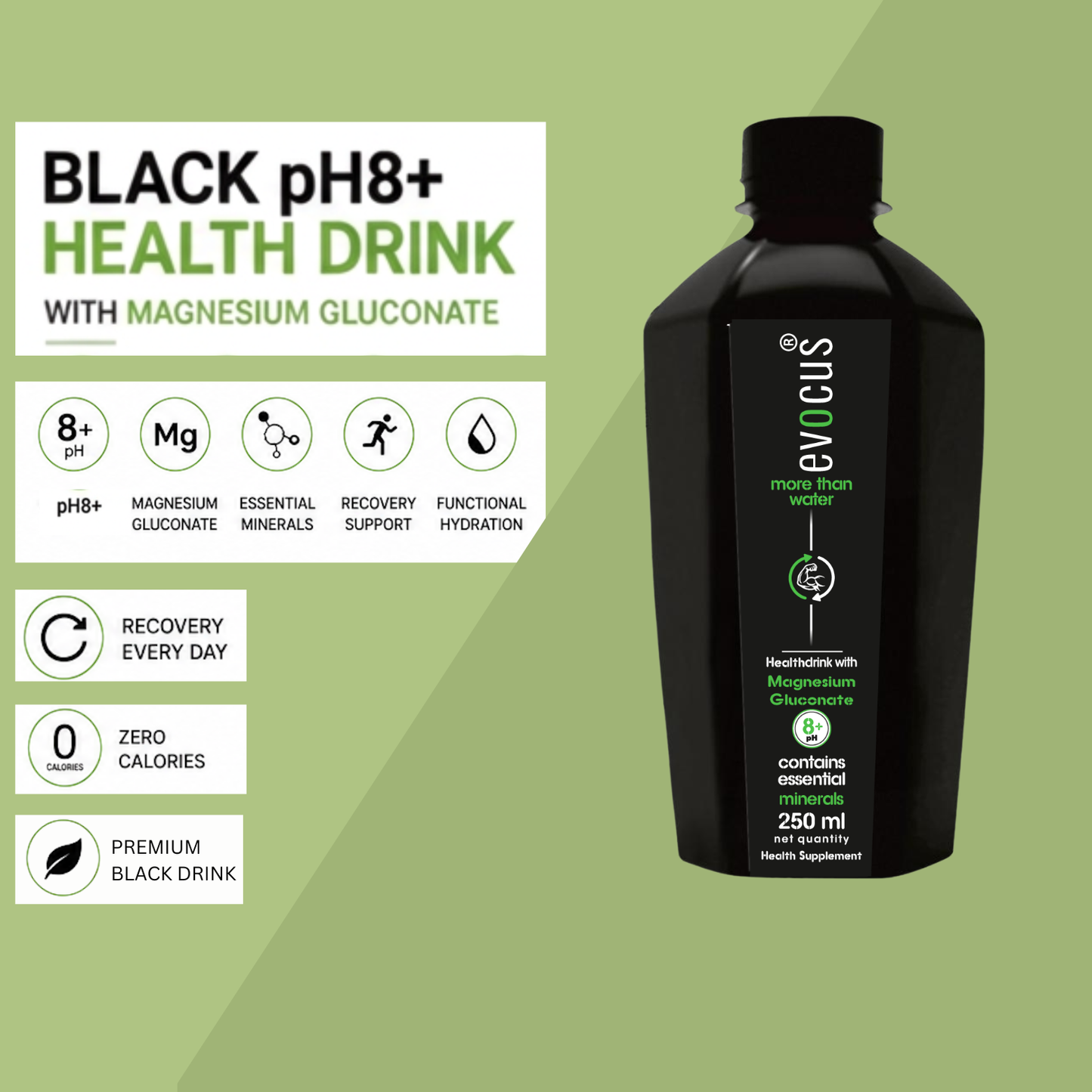 EVOCUS Black Health Drink with Magnesium Gluconate - 250ml Pack of 24