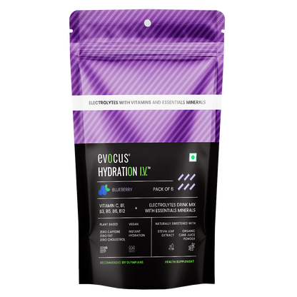 Evocus Hydration IV drink mix package with purple and black design on a white background