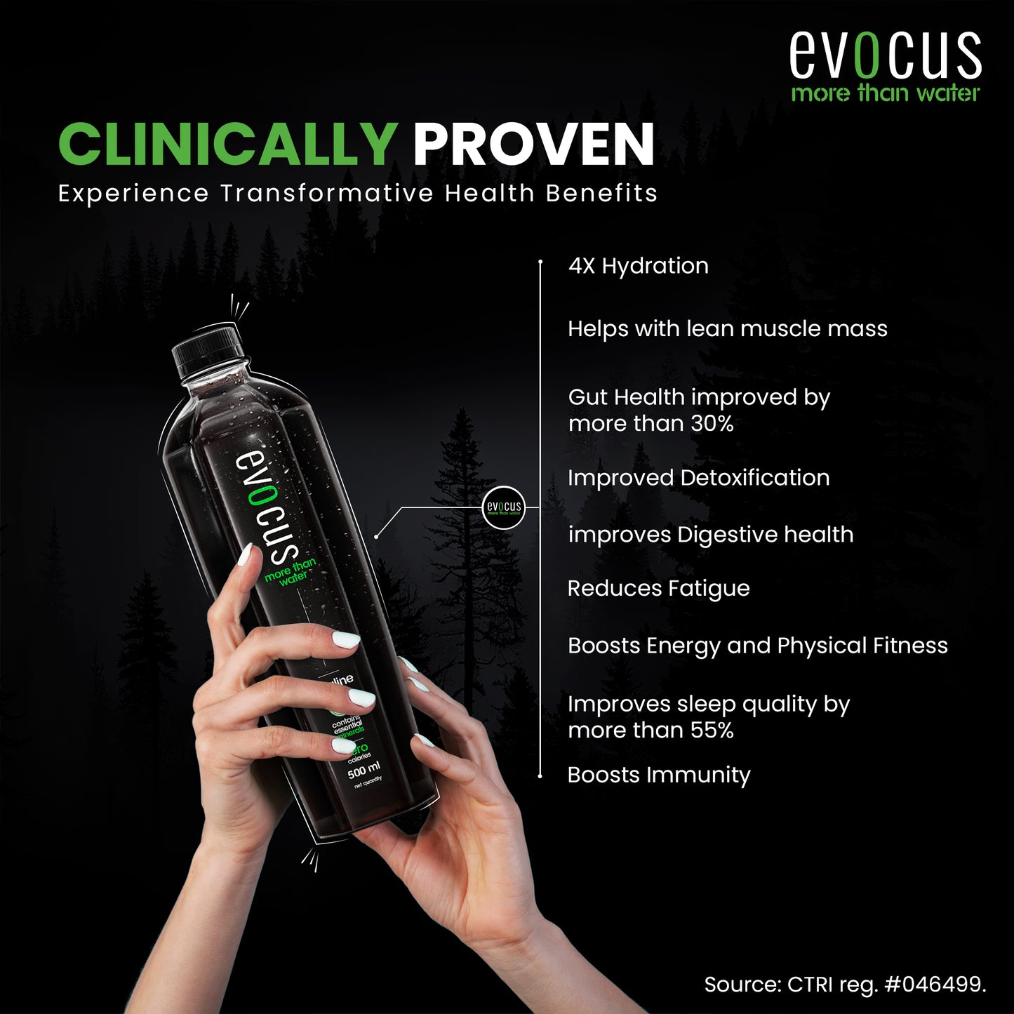 Hand holding Evocus water bottle with listed health benefits on screen.