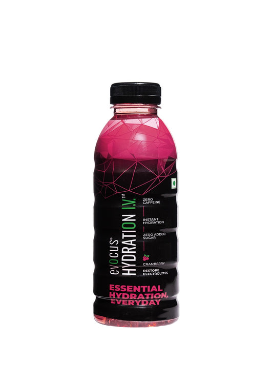 Evocus Hydration IV™ bottle with pink top, black body, zero caffeine, and essential electrolytes