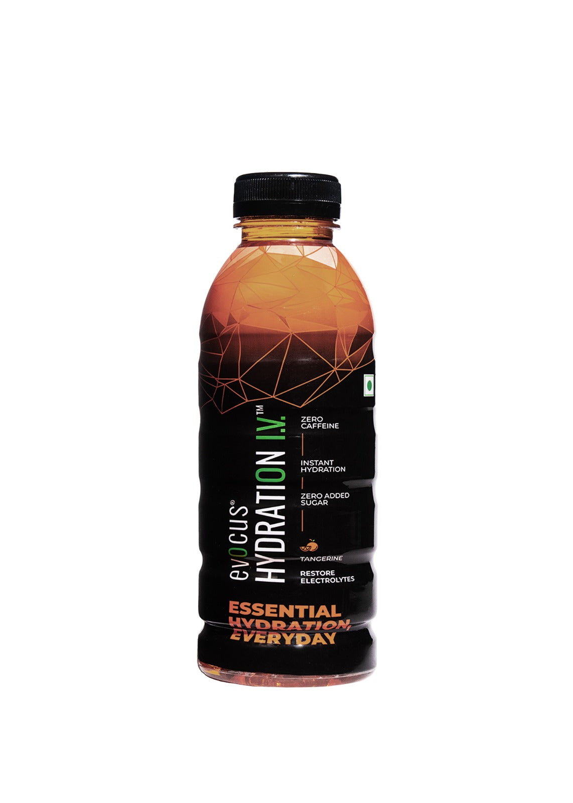 Evocus Hydration IV bottle with orange top, black body, zero caffeine, and essential electrolytes