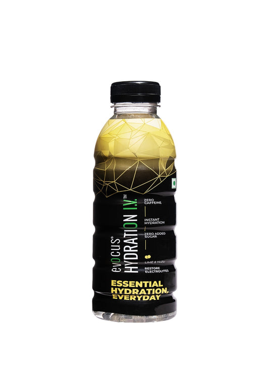 Evocus Hydration IV bottle with yellow top, black body, zero caffeine, and essential electrolytes.