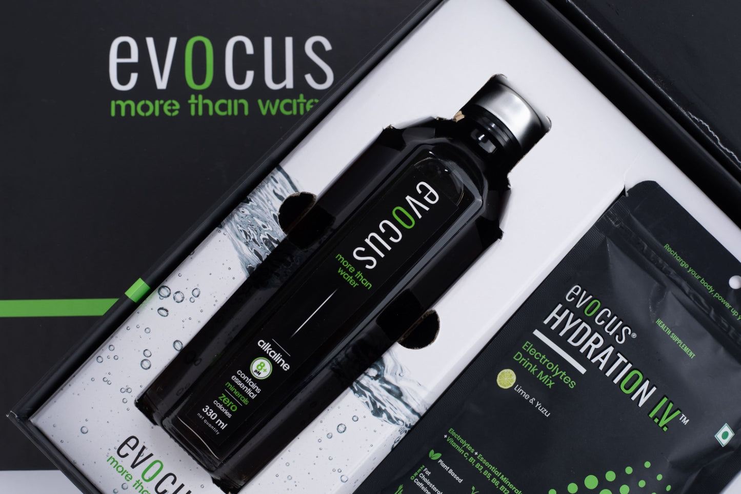 Evocus Ultimate Hydration Gift Box - Premium Glass Water Bottle 330 ml & Hydration IV
