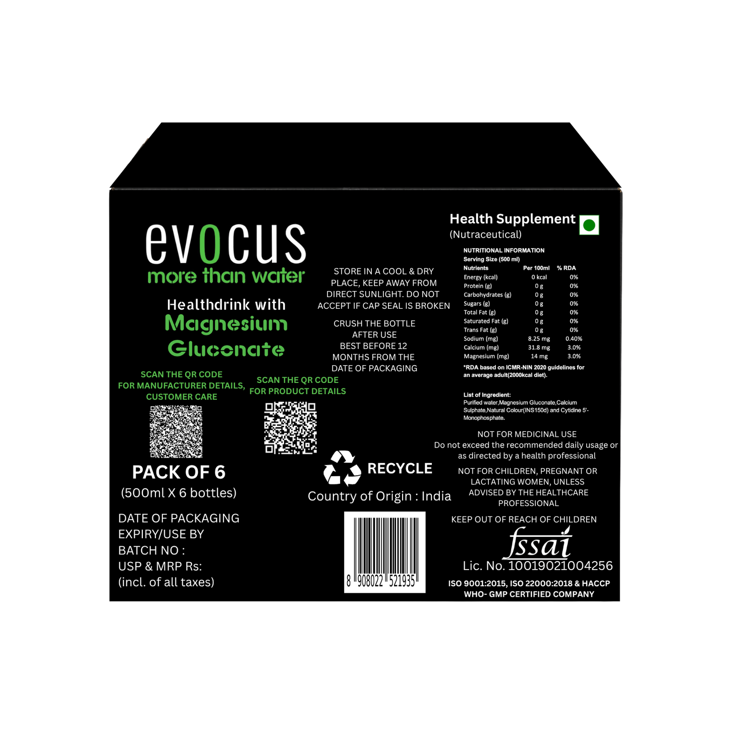 EVOCUS Black Health Drink with Magnesium Gluconate (500ml) Pack of 6