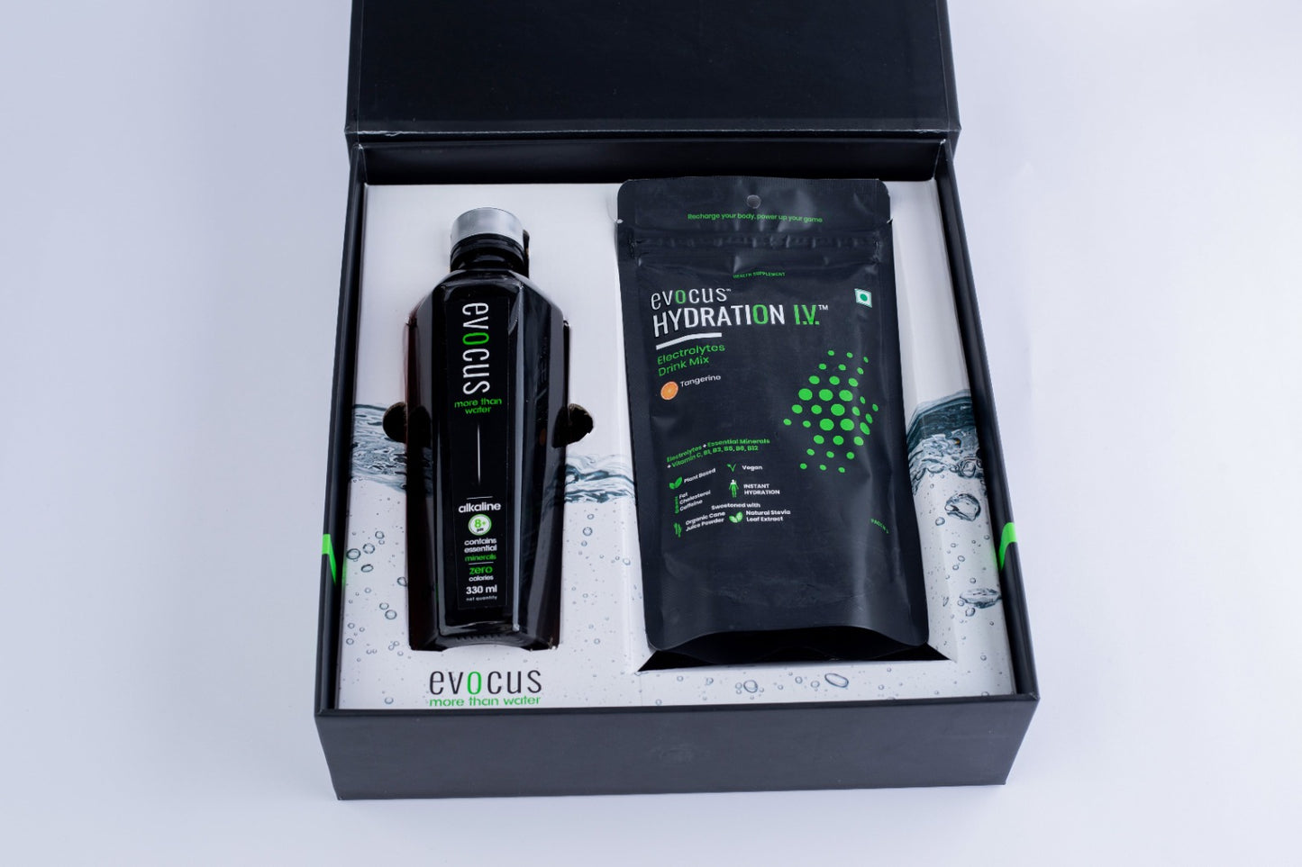 Evocus Ultimate Hydration Gift Box - Premium Glass Water Bottle 330 ml & Hydration IV
